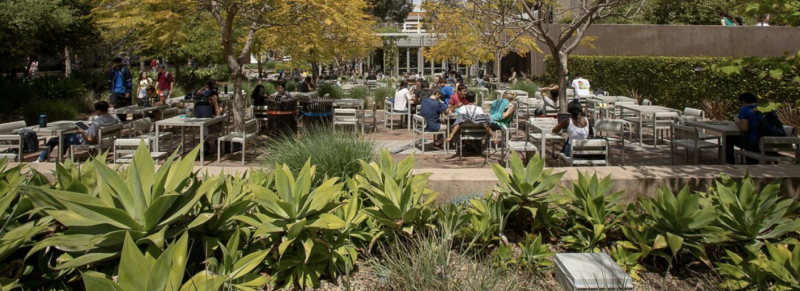 Tables outside bomb shelter in South Campus
