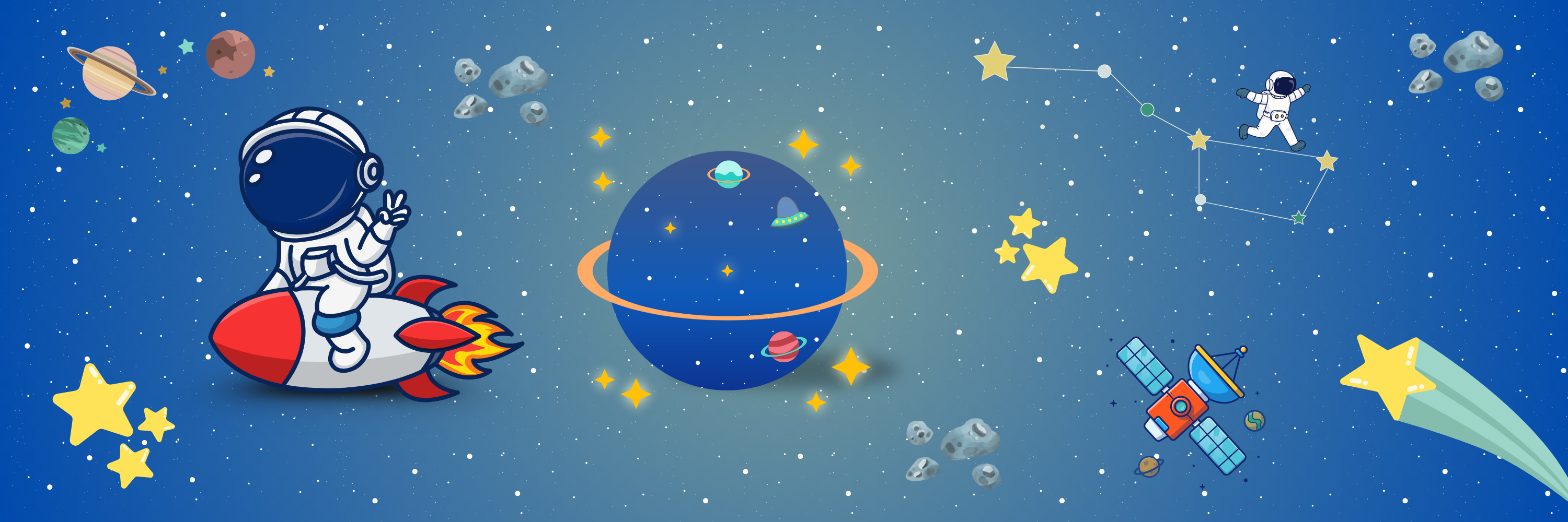 image with astronaut and outer space with shooting stars and planets