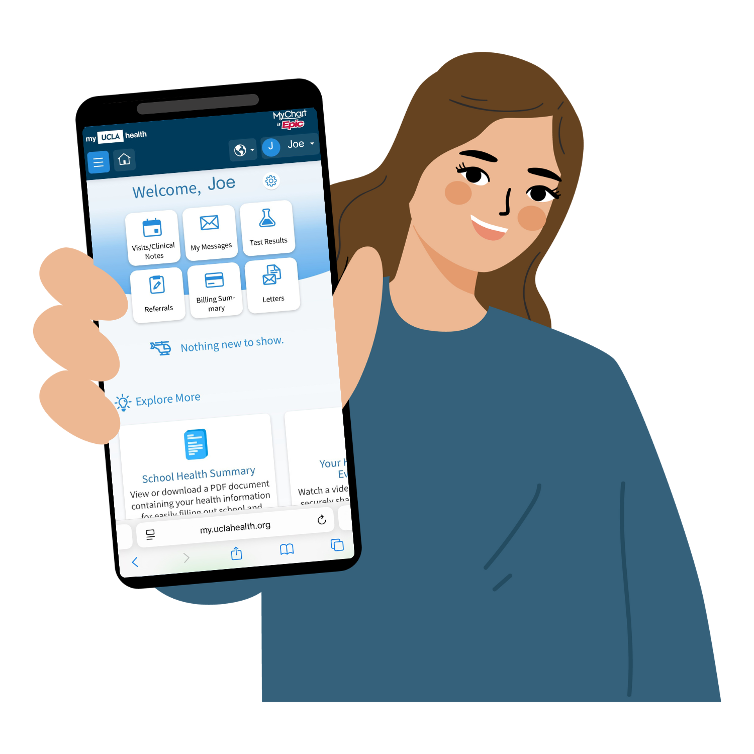 cartoon girl holding up phone showing Main Menu on MyChart