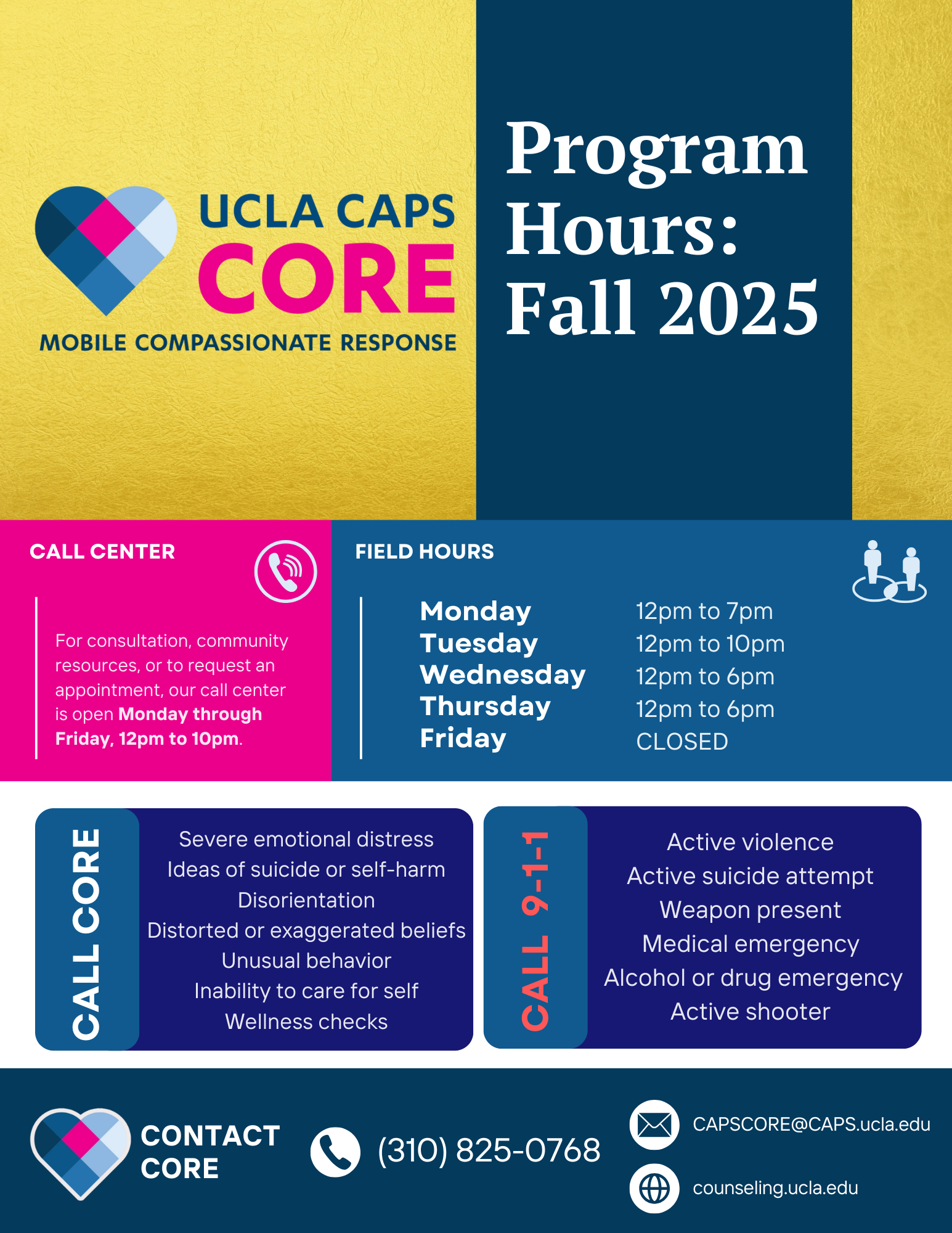 CORE Field hours are Monday 12 pm to 7 pm, Tuesday 12 pm to 10 pm, Wednesday 12 pm to 6 pm and Thursday 12 pm to 6 pm. On Fridays CORE is closed.
