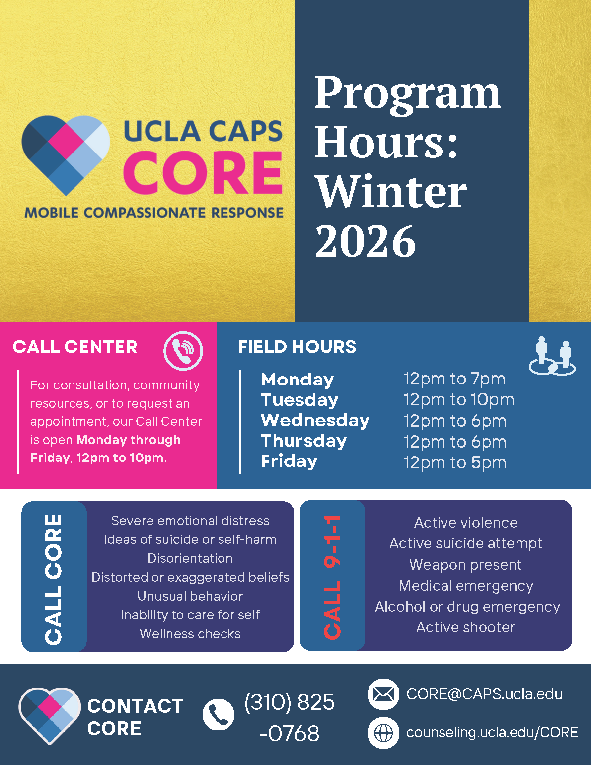 CORE winter hours are Mondays 12 - 7pm, Tuesdays 12 - 10 pm, Wednesdays 12 - 6 pm, Thursdays 12 - 6 pm, and Fridays 12 - 5 pm 