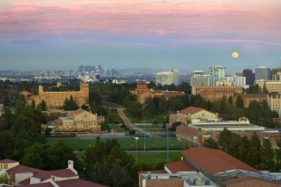 aerial view of UCLA campus with sunset 
