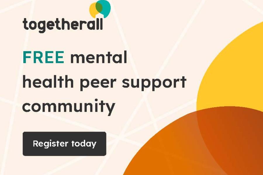 A graphic of Togetherall with the phrase Free mental health peer support community and a black button near the bottom that says Register today