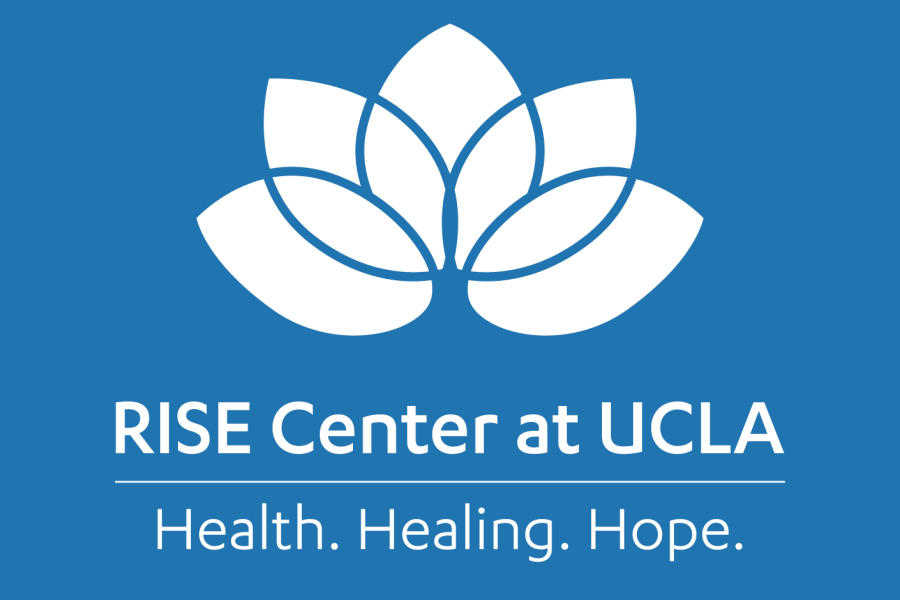 Image of lotus flower above words that say RISE Center at UCLA and Health, healing, hope